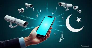 "Illustration showing surveillance and privacy concerns in Pakistan with digital data and CCTV cameras"