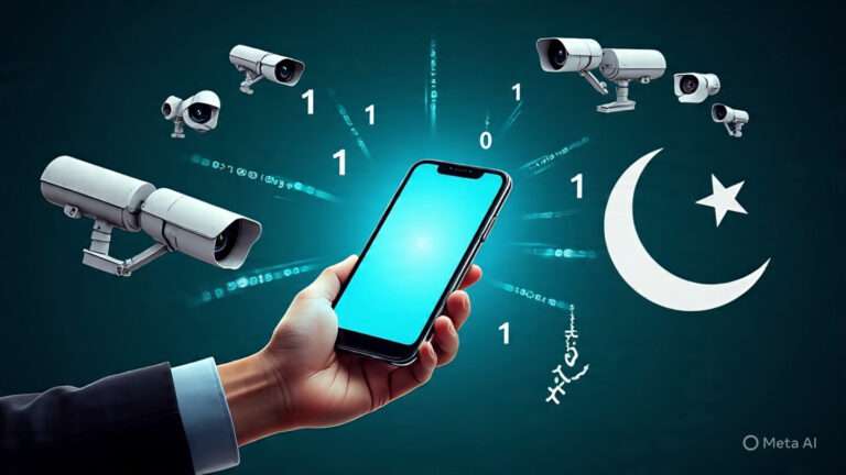 "Illustration showing surveillance and privacy concerns in Pakistan with digital data and CCTV cameras"